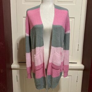 Simply Southern Women’s Pink Gray Striped Cardigan Long Sweater Size M